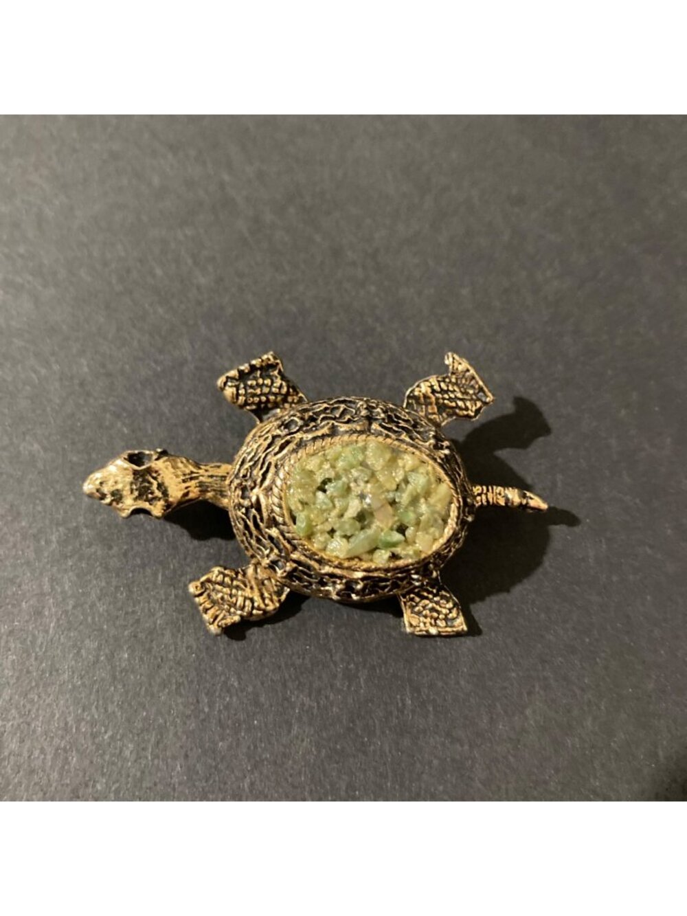 Vintage Gold Tone Turtle Brooch With Green Stone Accent
